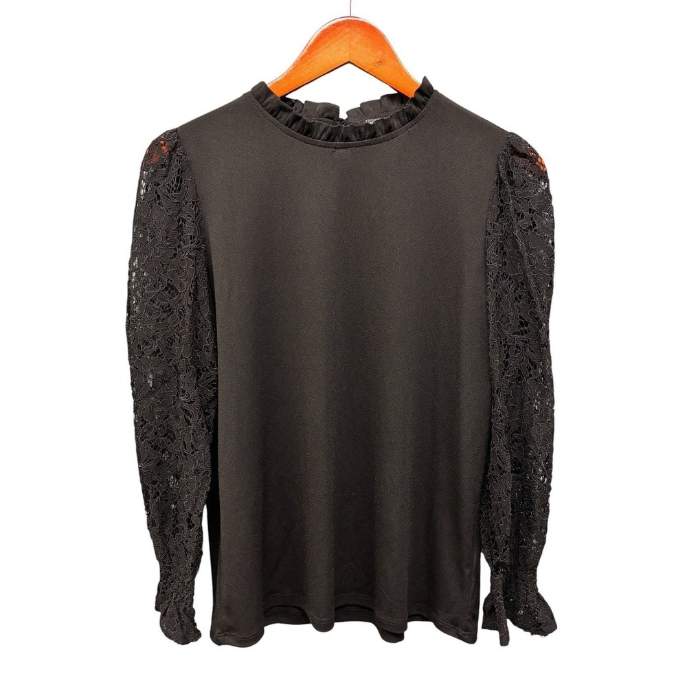 Adrianna Papell Lace Ruffle Neck Blouse Womens S Black Puff Sleeve Formal NWT